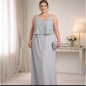 R&M Richards Silver Grey Beaded Tiered Maxi Dress Plus Size 16W‎ Formal Gown